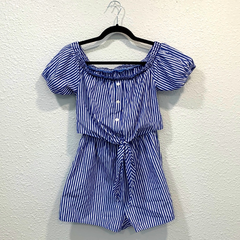 Blue & White Striped Off the Shoulders Romper Size L
